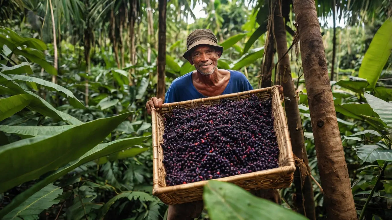 Un cueilleur brésilien de baies d'açaï pendant la récolte dans la forêt amazonienne